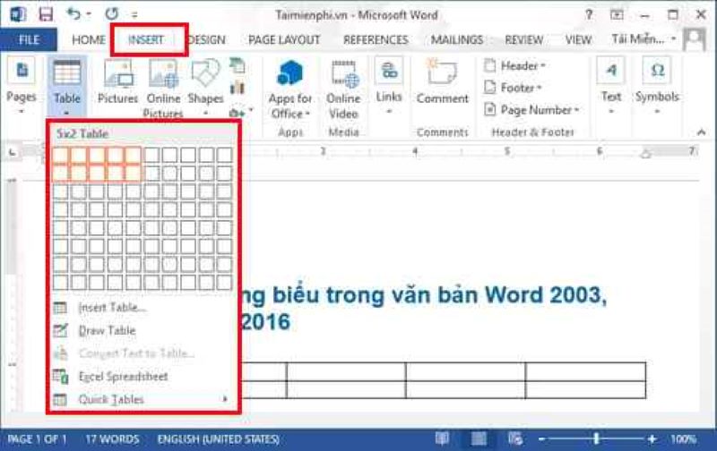 Cách tạo bảng trong Word 2016