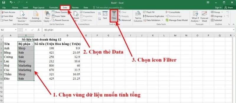 Chú thích: Chọn Data và nhấn chọn Filter