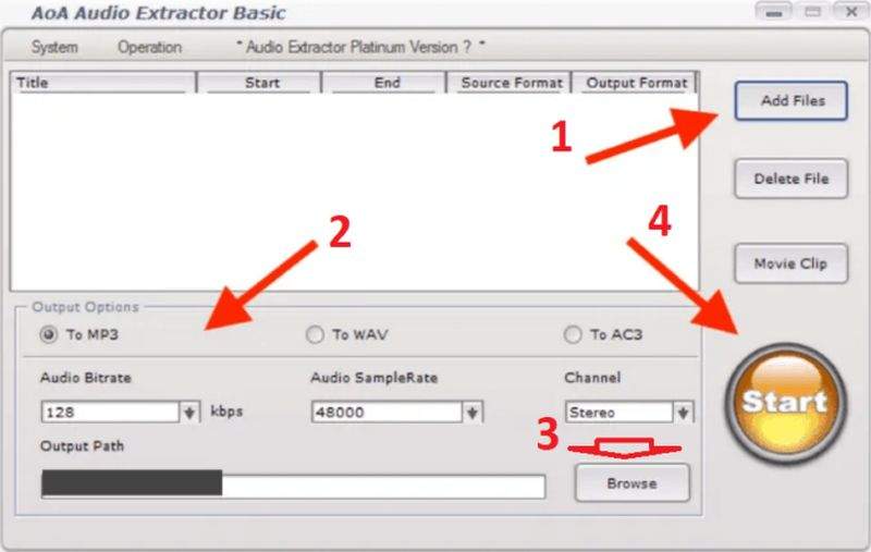 Chọn “Add Files” > “Output Options” > “Browse” > “Start”