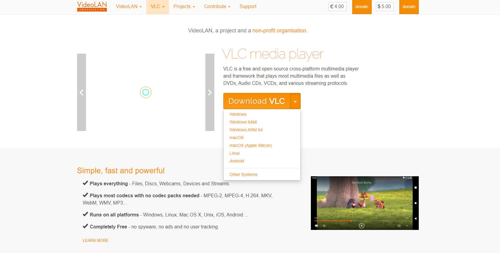 Chọn “Download VLC” và lựa chọn phiên bản để cài đặt phần mềm về máy 